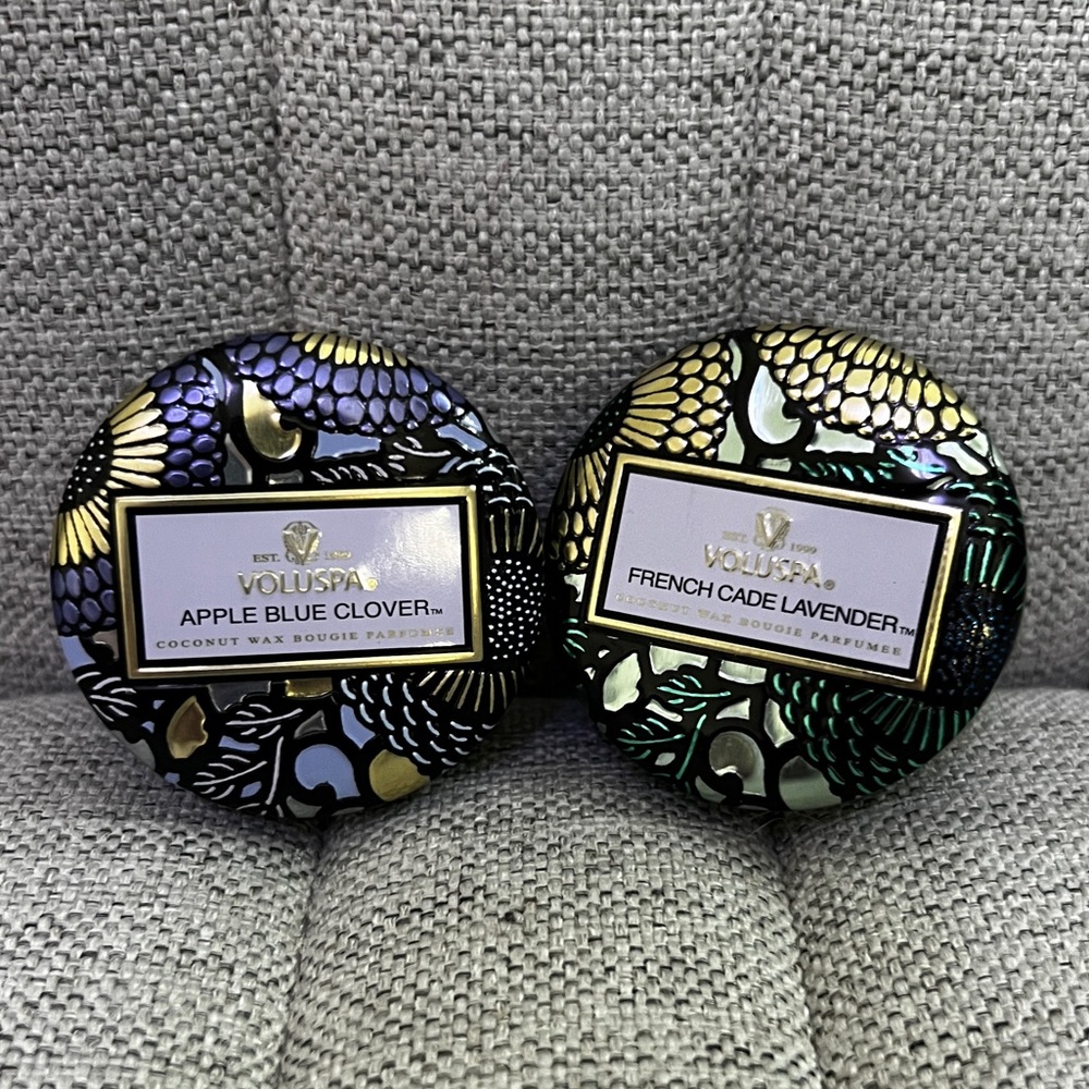 Voluspa Tea Light Candles in Apple Blue Clover and French Cade Lavendar